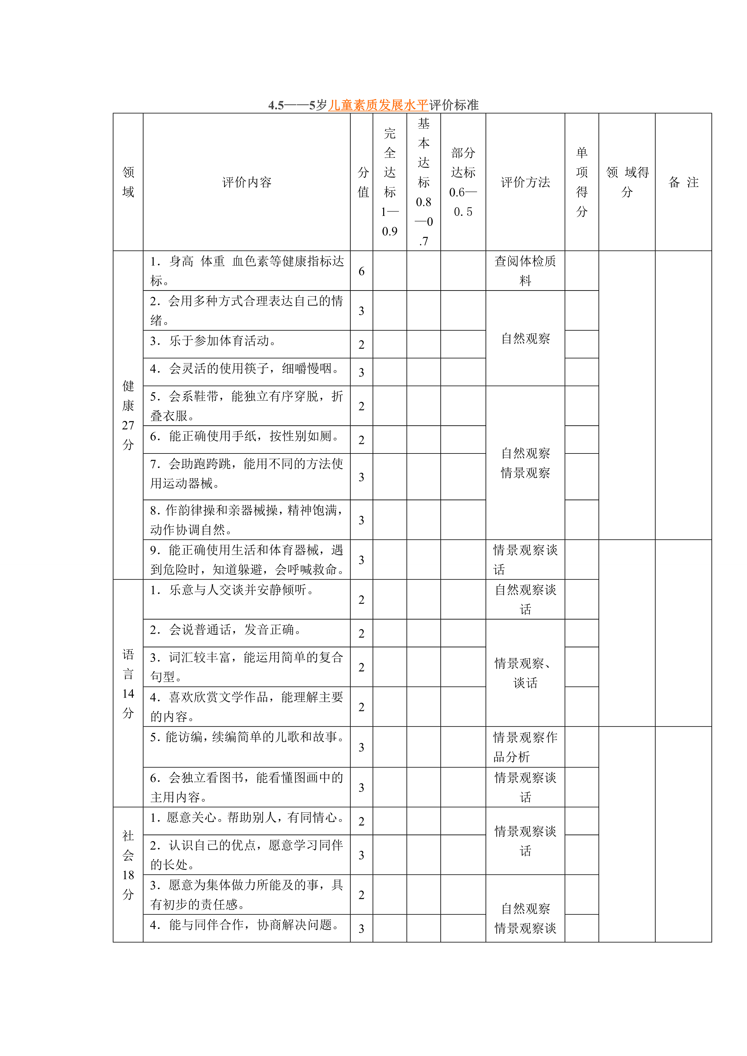 4岁半到5岁儿童素质发展水平评价标准
