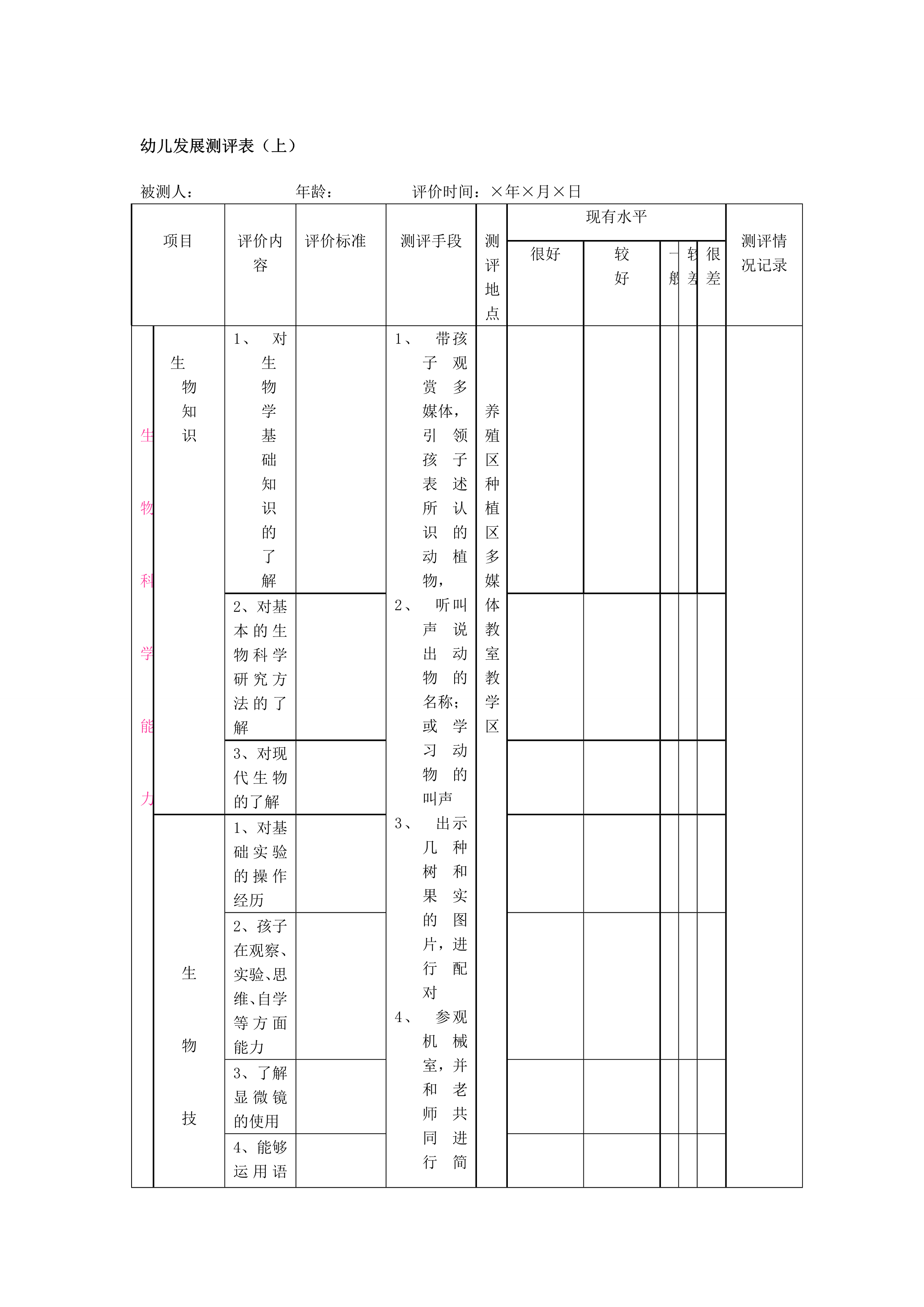 幼儿发展测评表（上）