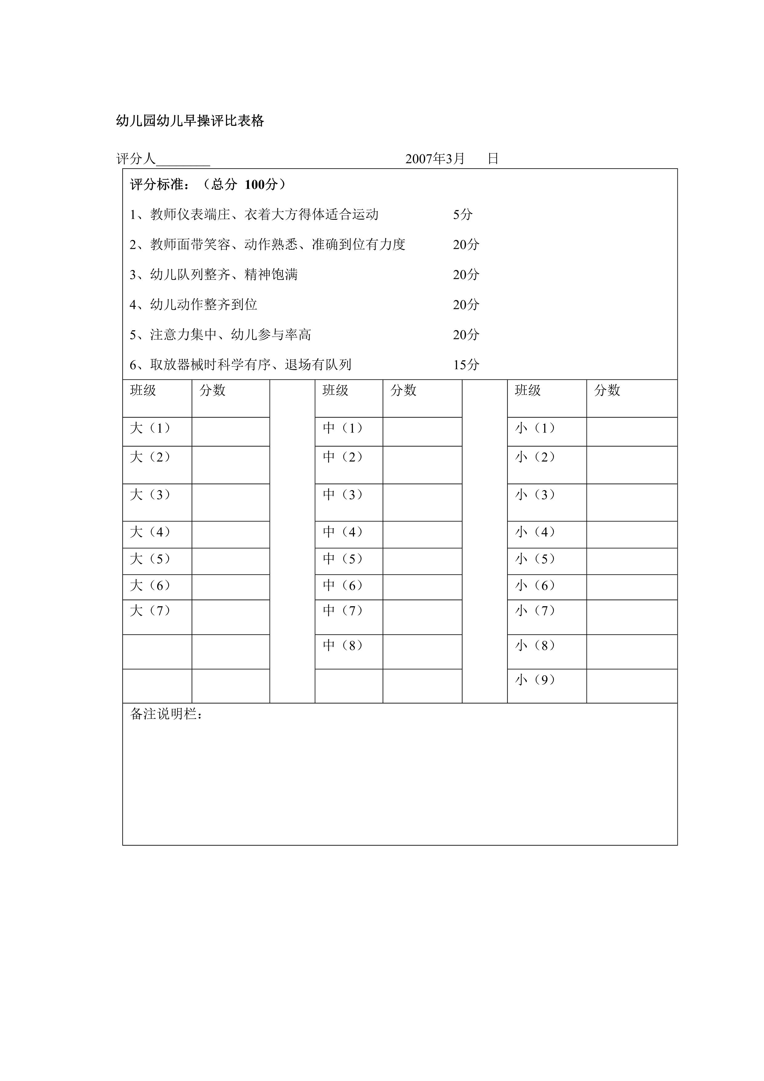 幼儿园幼儿早操评比表格