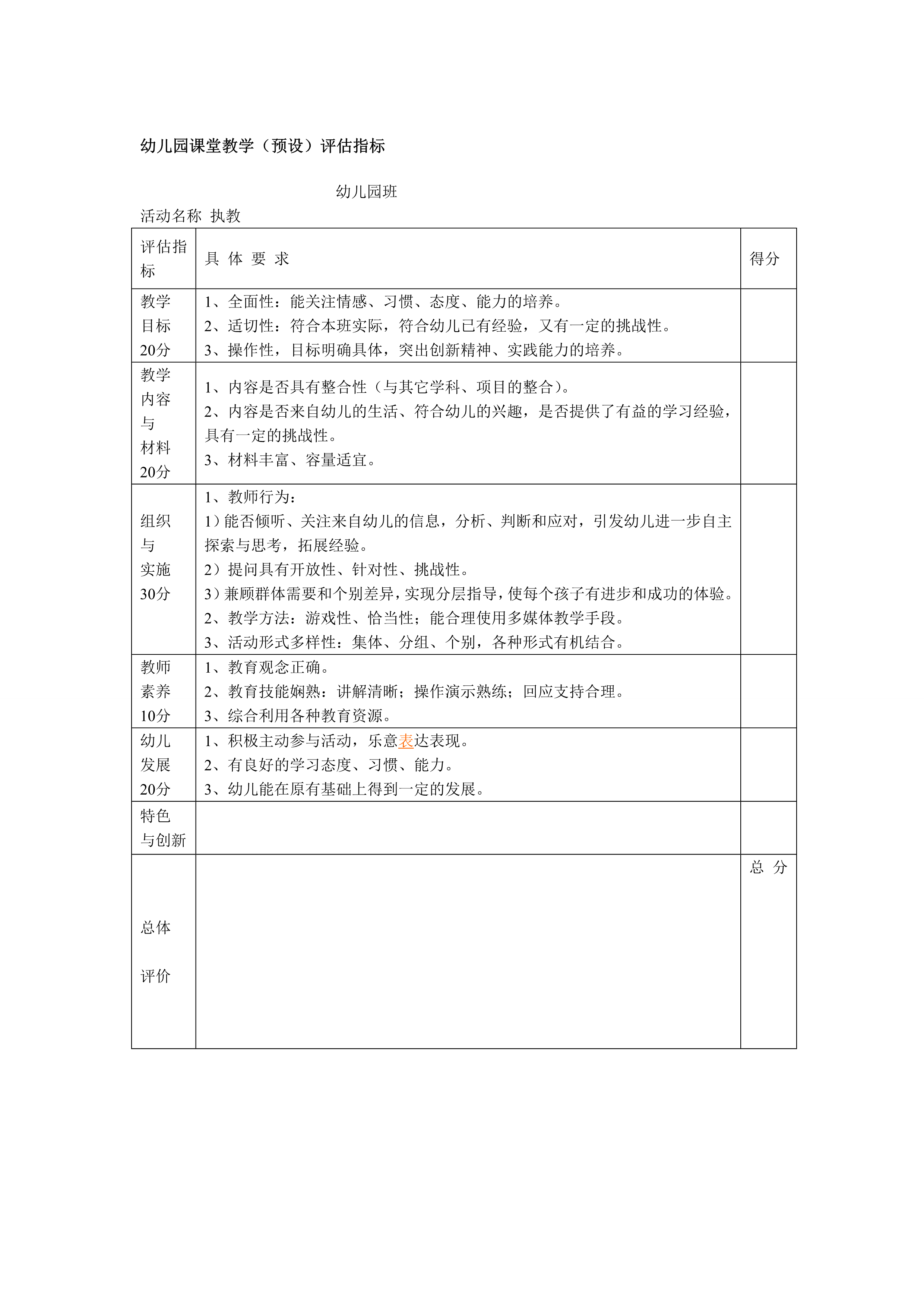 幼儿园课堂教学（预设）评估指标