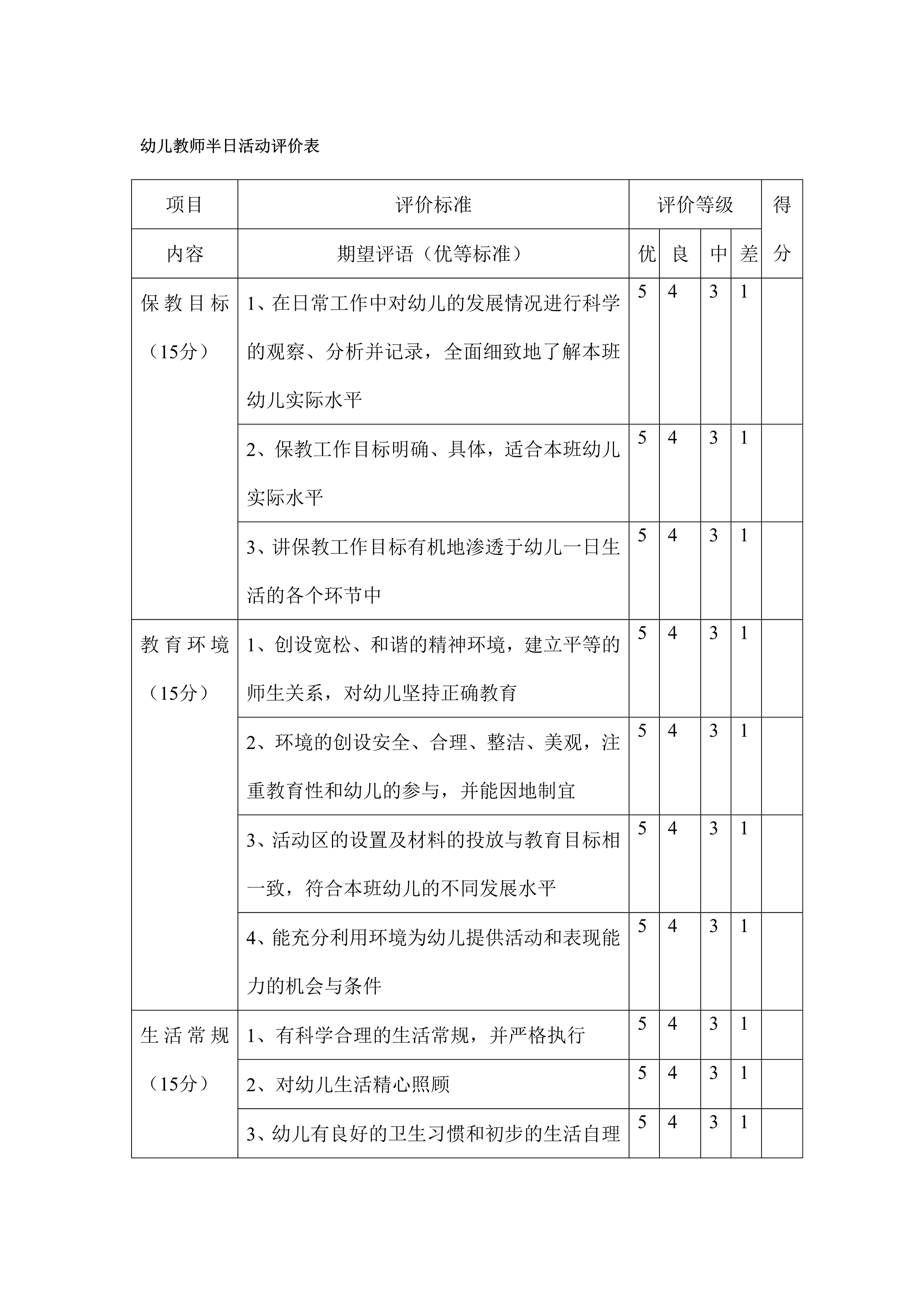 幼儿教师半日活动评价表