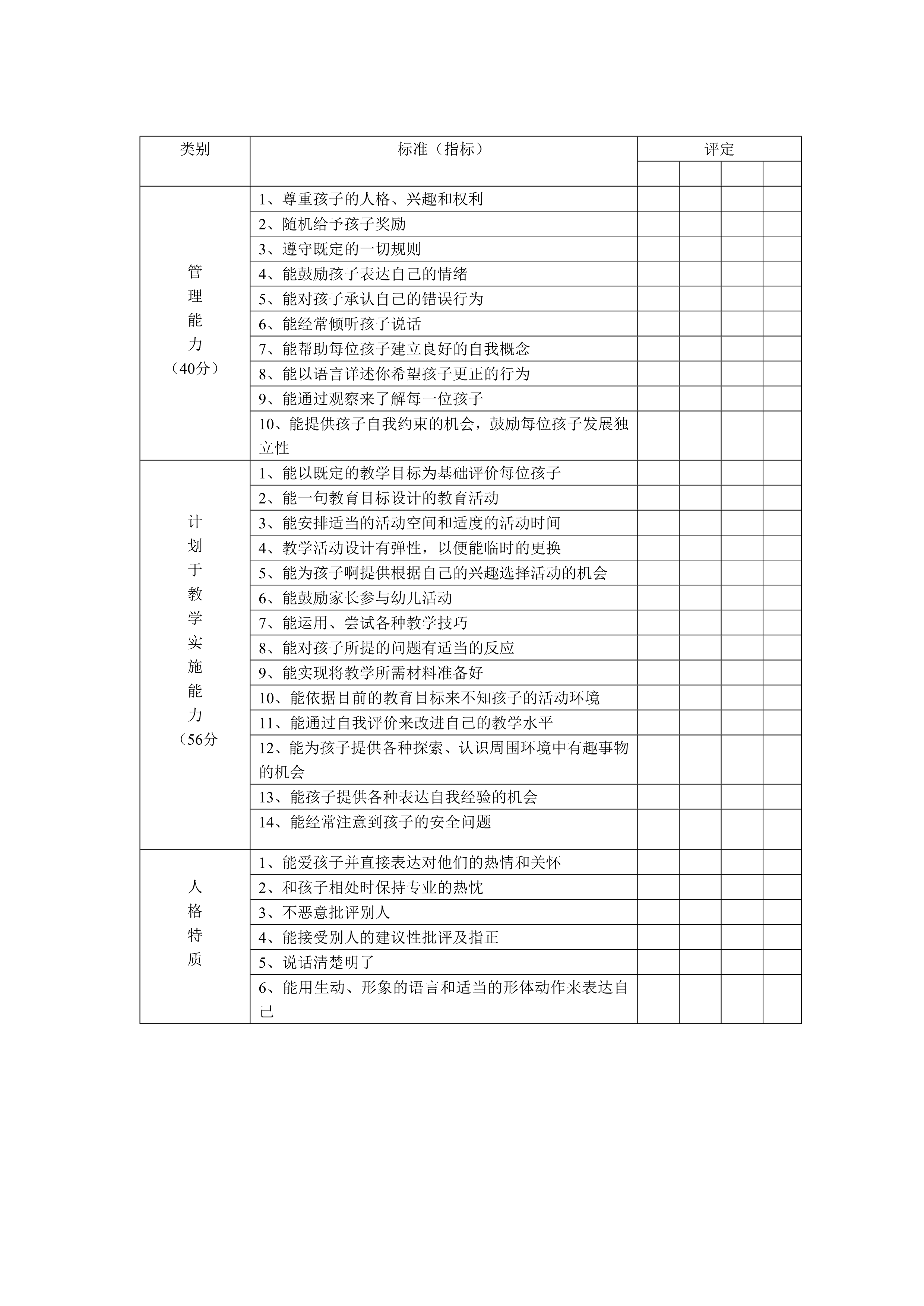 幼儿教师评价标准